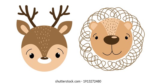Conjunto de león y cabeza de ciervo Cute aislados en blanco. Caricatura de personajes de león, ilustraciones de vectores de venado. Arte escandinavo. Tarjeta de bebé