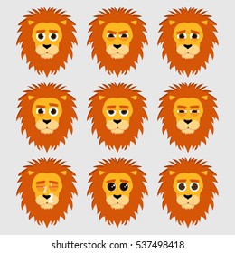Set of cute lion emoticons. Vector illustration.