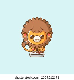 set Cute lion Gamer Playing Game with joystick kawaii chibi character mascot illustration outline style