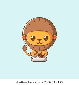 set Cute lion Gamer Playing Game with joystick kawaii chibi character mascot illustration outline style design