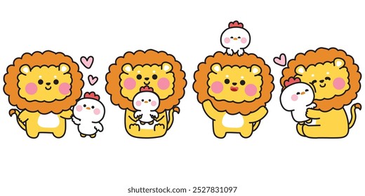 Conjunto de león lindo con gallina en varias poses. Amistad. Amor. Animal de pájaro salvaje y de granja. Diseño de dibujos animados de personajes. Kawaii. Vector. Ilustración.