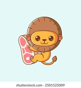 set Cute lion hug meat hanging kawaii chibi character mascot illustration outline style