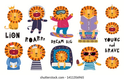 Set of cute lion illustrations, astronaut, king, sailor, unicorn, reading, sleeping. Isolated objects on white background. Hand drawn vector. Scandinavian style flat design. Concept for children print