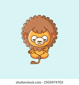 set Cute lion meditation yoga kawaii chibi character mascot illustration outline style design