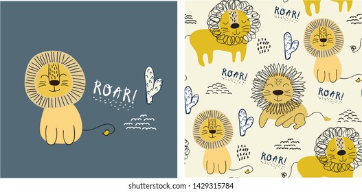 set of cute lion print and seamless pattern with lions. vector illustration