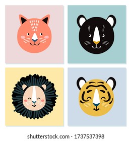 Set of cute lion, tiger, panther and cat cards. Cartoon vector illustration