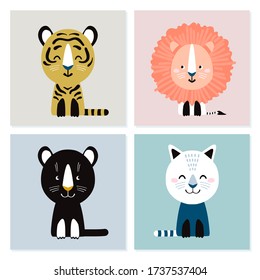 Set of cute lion, tiger, panther and cat cards. Cartoon vector illustration