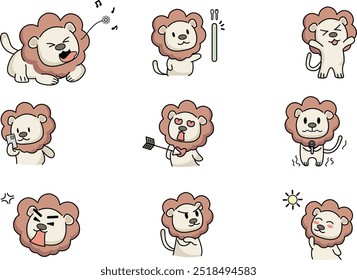 Set of cute lion with various poses, vector illustration, white background.animal  character. 