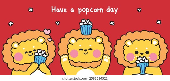 Set of cute lion in various poses with popcorn.Sweet and dessert.Wild animal character cartoon.Image for card,sticker,baby clothing,print screen.Kawaii.Vector.Illustration.