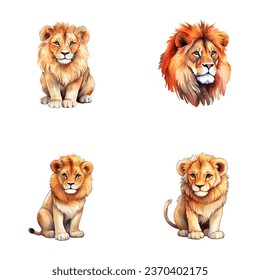 set of cute lion watercolor illustrations for printing on baby clothes, sticker, postcards, baby showers, games and books, Safari jungle animals vector