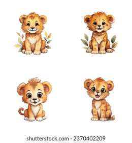 set of cute lion watercolor illustrations for printing on baby clothes, sticker, postcards, baby showers, apps, games and books, Safari jungle animals vector