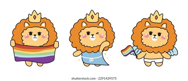 Set of cute lion wear ceown in pride month concept.Wild animal character cartoon design.LGBTQ plus.Love is love.Rainbow flags.Kawaii.Vector.Illustration.