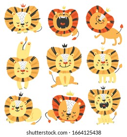 Set of cute lions. Cartoon design for birthday invitation, poster, clothing, nursery wall art and card.