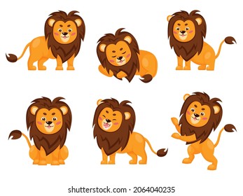 Set of cute lions in different poses. Collection of cartoon lions isolated on white background. Flat vector illustration
