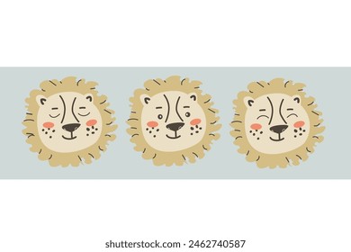 Set of cute lions faces or heads with different emotions for kids. Tropical jungle cartoon character in trendy scandinavian style, portraits of predator in childish style. Can used for posters. textil