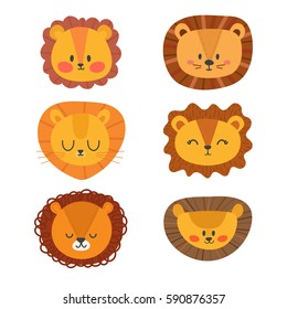 Set of cute lions. Funny doodle animals. Little lion in cartoon style. Vector illustration