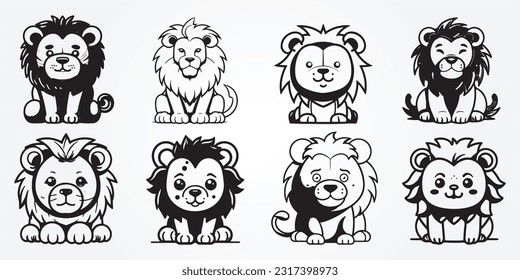 Set of cute Lions Kids Coloring Book line art Vector illustration isolated on white background