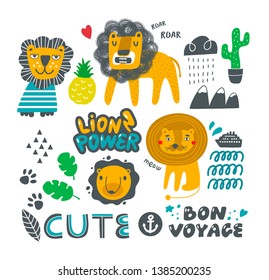 Set of cute lions and nature elements. Tropical leaves and fruits, wild nature animals in the collection of vector illustrations.