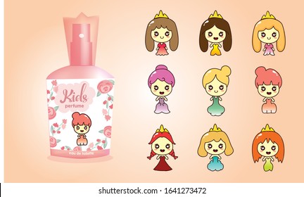 Set of cute litlle princess designs with perfume packaging mockup vector