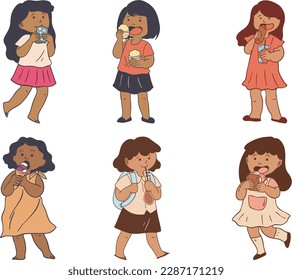 Set of cute little African American girls eating ice cream. Vector illustration