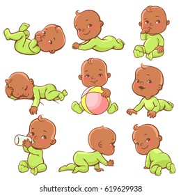 Set with cute little african american baby. Ethnic boy or girl wearing green jumpsuit. Baby sleeping, sitting, crawling, playing, drinking milk, smiling. Vector illustration.