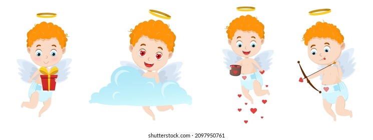 A set of cute little angels in different poses . A symbol of love and Valentine's Day. A cupid in love sits on a cloud, holds a gift, shoots an arrow, gives love.