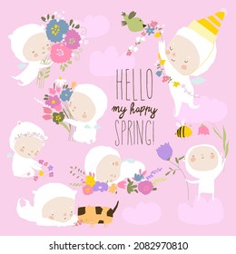 Set of Cute Little Angels with Spring Flowers