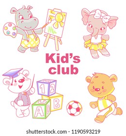 Set with cute little animal kids. Active boys and girls dance, play, learn, draw, Different activities.  kindergarten. Funny cartoon character. Vector illustration. Isolated on white background. 