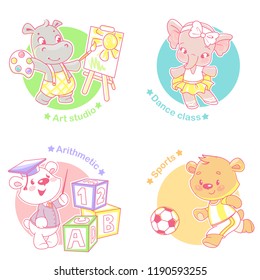 Set with cute little animal kids. Active boys and girls dance, play, learn, draw, Different activities.  kindergarten. Funny cartoon character. Vector illustration. Isolated on white background. 