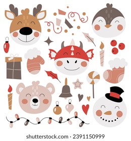 Set of cute little animals with Christmas decorative elements in flat style. Children's doodle hand drawn in cartoon style.
