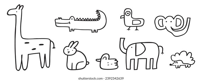 Conjunto de pequeños animales adorables. Elefante, cocodrilo, jirafa, conejito, erizo, pato, pájaro. Ilustración del vector de contorno dibujado a mano sobre fondo blanco.