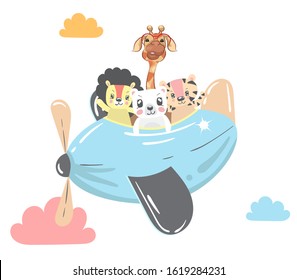 set of cute little animals on a plane