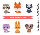 Set of cute little animals: raccoon, foxy, badger, kitten, bunny and puppy. Vector illustration