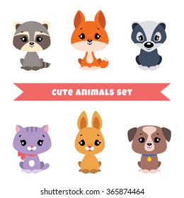 Set of cute little animals: raccoon, foxy, badger, kitten, bunny and puppy. Vector illustration