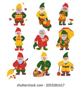 Set of cute little autumns gnomes. Isolated characters on a white background.