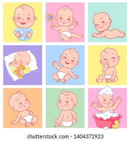 Set with cute little babies of 3-15 months, Different positions. Active  one year old baby boy or girl in diaper. Baby boy and girl smile, sleep, play, swim. Newborn child. Color vector illustration.