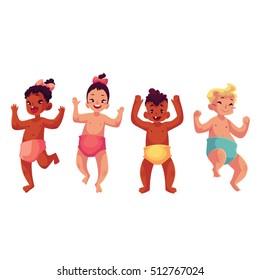 Set of cute little babies, boys and girls, dancing happily, cartoon style vector illustrations isolated on white background.