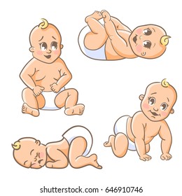 Set of cute little babies. Crawling, lying, sitting, sleeping baby. Colorful cartoon style vector illustration isolated on white background.