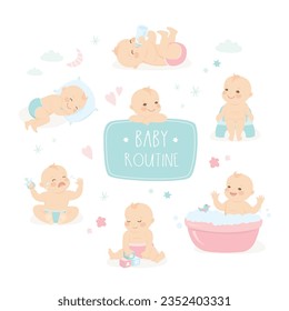 Un grupo de bebés lindos en diferentes poses. Niños de caricatura aislados con antecedentes blancos. Rutina europea del día del niño. Colección de niños y niñas pequeños. Ilustración vectorial plana