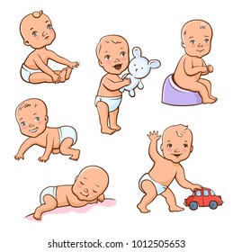 Set with cute little babies. One year old children. The children crawl sleep play with toy and suck the nipple. Colorful illustrations vector isolated on white background