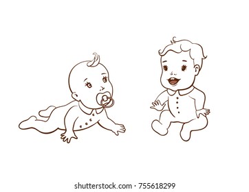 Set with cute little babies. One year old children. The child crawls and sucks the nipple. The child is sitting and his expression is joyful. Monochrome sketchy vector isolated on white background.