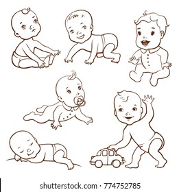 Set with cute little babies. One year old children. The children crawl sleep play with toy and suck the nipple. Monochrome sketchy vector isolated on white background