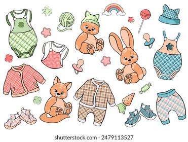 set of cute little baby accessories and animals, set of children 's clothes and toys, doodle style.	