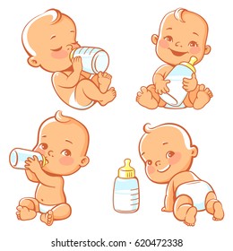 Set with cute little baby with bottle of milk. Baby boy or girl in diaper holding bottle. Newborn nutrition. Happy child drink milk. Emblem for formula or milk. Feeding newborn. Vector illustration.
