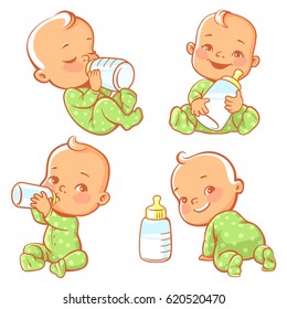 Set with cute little baby with bottle of milk. Newborn baby in green pajamas drink milk. Baby nutrition. Feeding baby with formula or mother's milk. Happy child smile, crawl, sit. Vector illustration