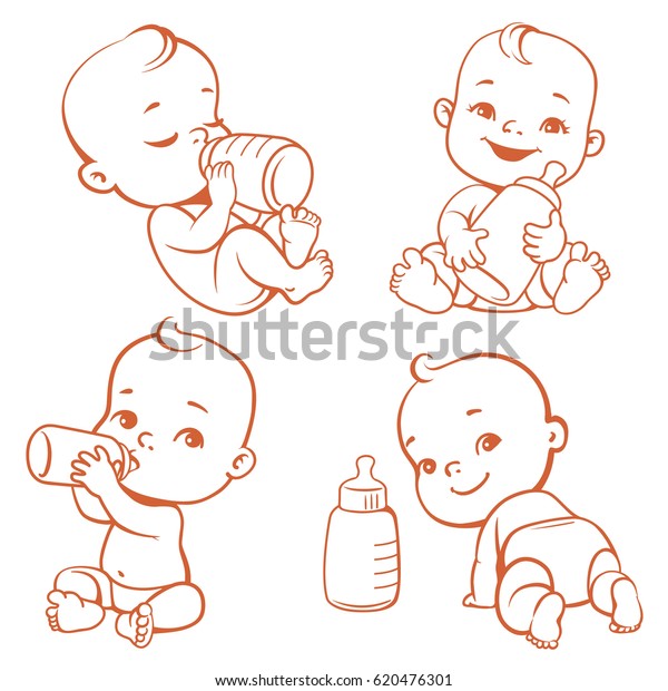 かわいい赤ちゃんとミルクのボトルをセット 小さな赤ちゃんは牛乳を飲む 新生児のおめでとうございます おむつをはいた笑顔の赤ちゃん 子供給記号 1色の線画のベクターイラスト のベクター画像素材 ロイヤリティフリー