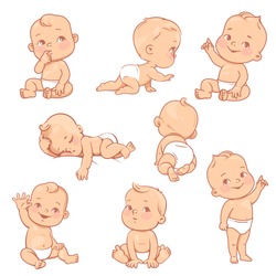 Set With Cute Little Baby Boy  In Diaper. Active Baby Of 3-12 Months. First  Year Baby Development. Baby Sleep, Stand, Sit, Crawl, Point With Finger. Caucasian Ethnic.Color Vector Illustration Set. 