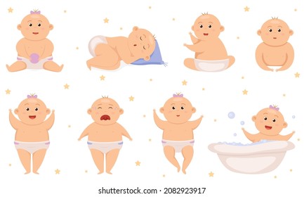 Set with cute little baby boy in diaper. Active baby. Infant new born. Toddler babies activity cute cheerful characters nowaday