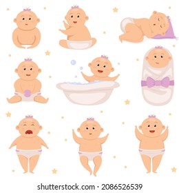 Set with cute little baby boy in diaper. Active baby. Infant new born. Toddler babies activity cute cheerful characters nowaday