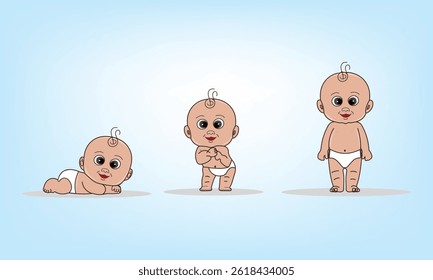 Set with cute little baby boy in diaper, cute baby boy in growth cycle progress set flat style design.